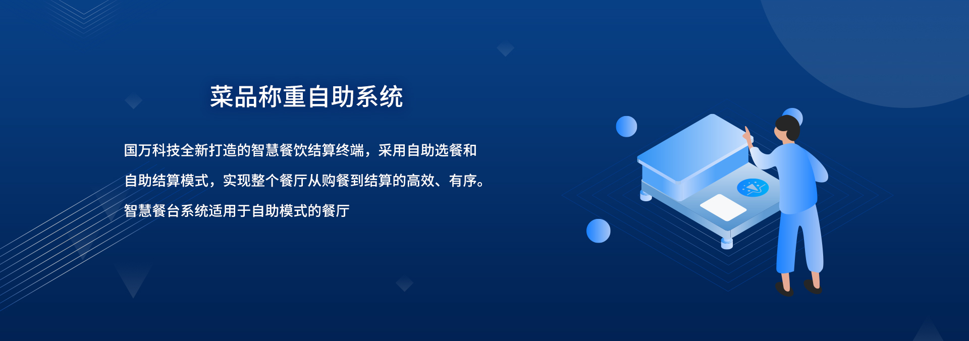 國(guó)萬(wàn)智慧食堂自助餐智能菜品稱(chēng)重系統(tǒng)來(lái)襲啦，就餐人員關(guān)注公眾號(hào)后進(jìn)行自助充值，取餐盤(pán)進(jìn)行信息綁定；取餐時(shí)自行夾菜，菜品稱(chēng)重機(jī)無(wú)感自動(dòng)稱(chēng)重，系統(tǒng)自動(dòng)結(jié)算。